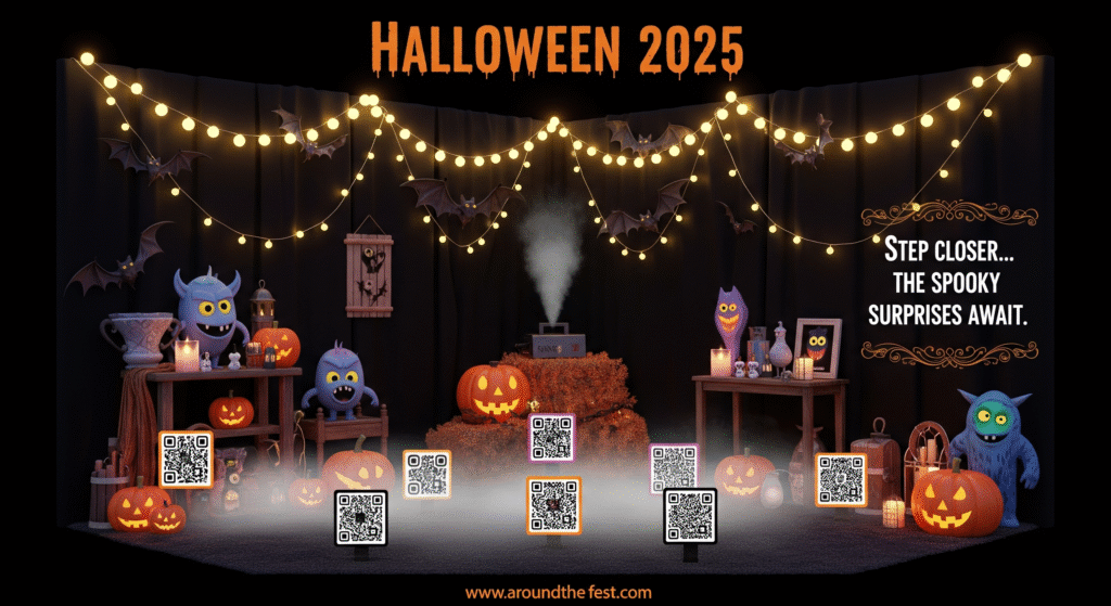“Interactive Halloween 2025 micro-theme corner with AR props, black backdrop, hanging bats, fairy lights, fog, and photo-ready setup.”