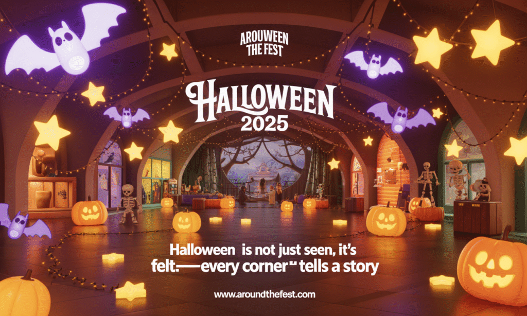  setup with hanging bats, glow-in-the-dark stars, floating drones, hidden skeleton props, fog effects, and ambient spooky lighting, designed for a multi-sensory experience.”