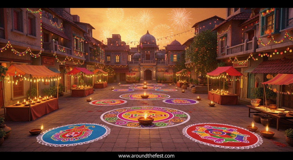 "Ahmedabad, Gujarat during Diwali 2025, streets and courtyards decorated with colorful rangoli and glowing clay lamps (diyas). Fireworks sparkling in the night sky above, traditional Gujarati decorations on homes and market stalls, vibrant and warm golden tones, festive atmosphere, Garba-themed motifs in rangoli patterns, high-detail cinematic view, no people present, capturing the essence of Gujarat’s Diwali traditions."
