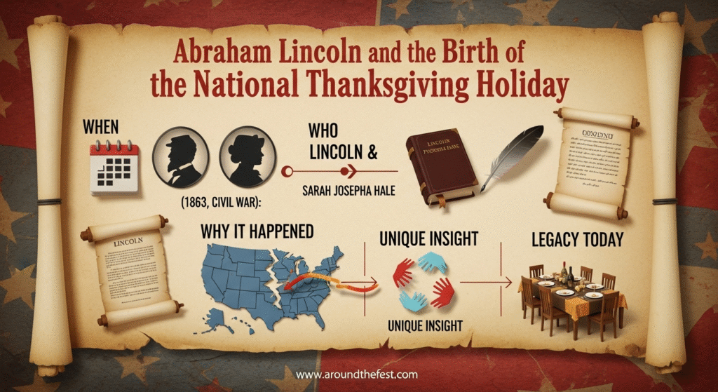 Infographic showing Abraham Lincoln and Sarah Josepha Hale in 1863, explaining the history of Thanksgiving as a national holiday. Includes Civil War context, Lincoln’s proclamation, Hale’s 20-year campaign, and the lasting legacy of Thanksgiving in America.