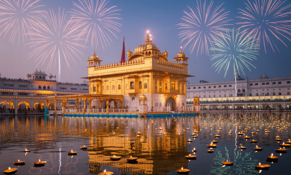 Golden Temple illuminated with thousands of lamps and fireworks reflecting in the Amrit Sarovar during Diwali 2025 and Bandi Chhor Divas in Amritsar.