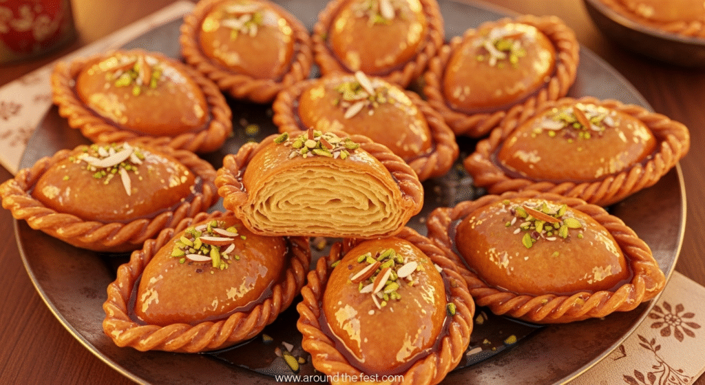“Golden Balushahi, traditional North Indian sweet made with maida, ghee, and yogurt, coated in sugar syrup and garnished with chopped pistachios and almonds, styled on a festive plate.”