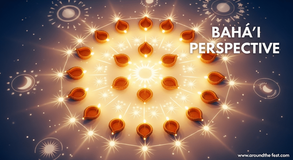 Bahá’í perspective on Diwali with glowing lamps, serene light patterns, and symbolic imagery of unity, moral courage, and spiritual illumination.”