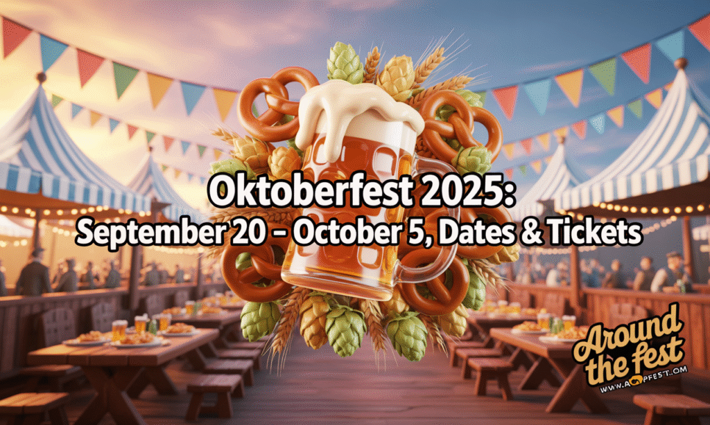 Oktoberfest 2025 banner with golden amber gradient, glowing beer steins, floating pretzels, hops and wheat, festival tent silhouettes, overlay text ‘Oktoberfest 2025: September 20 – October 5, Dates & Tickets’, festive and warm.”
