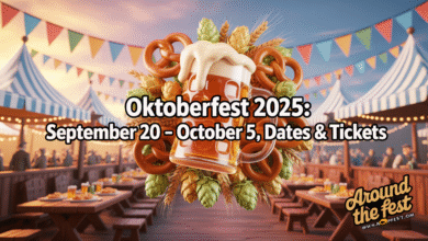 Oktoberfest 2025 banner with golden amber gradient, glowing beer steins, floating pretzels, hops and wheat, festival tent silhouettes, overlay text ‘Oktoberfest 2025: September 20 – October 5, Dates & Tickets’, festive and warm.”
