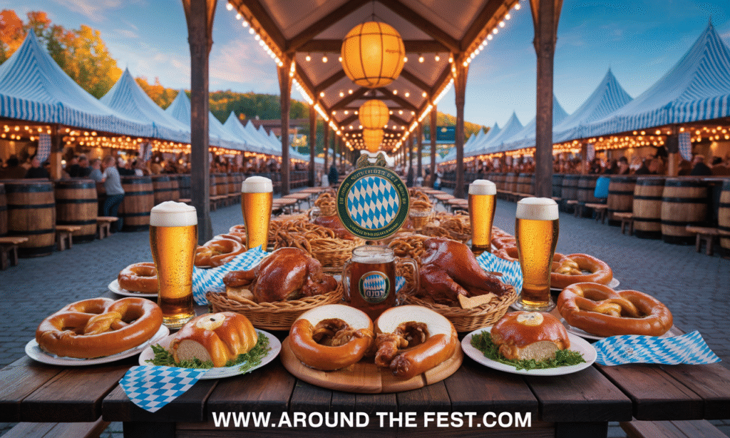 “Bavarian beer tents with Oktoberfestbier and traditional foods like pretzels, sausages, roast chicken, pork knuckles, and apple strudel, showing the culinary and beer evolution of Oktoberfest in the 20th century.”