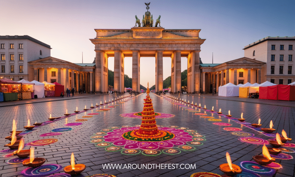 city squares and streets lit by diyas and colorful lanterns, intricate rangoli, decorated market stalls, subtle fireworks, festive multicultural atmosphere, no humans present."