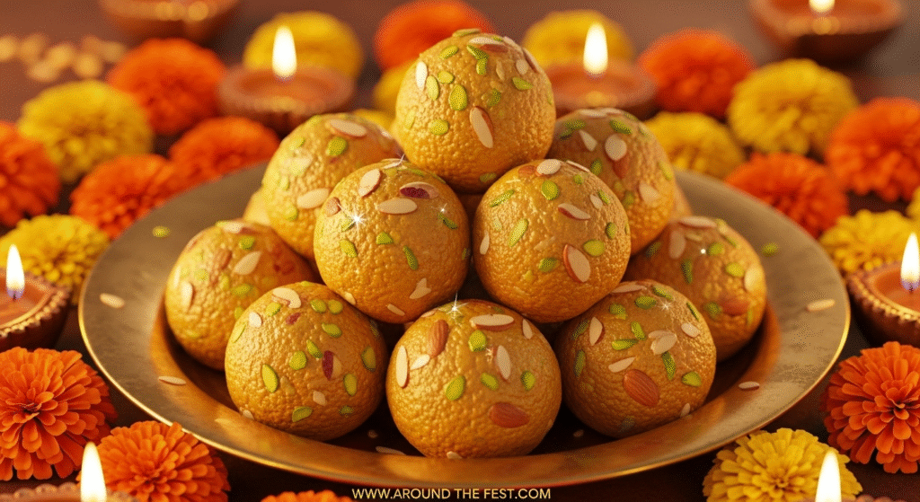 Golden Besan Ladoo made from roasted gram flour, ghee, and sugar, garnished with chopped nuts and cardamom, served on a brass plate with marigold flowers and diyas for Diwali celebrations."