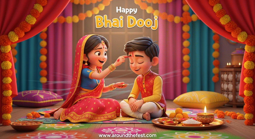 "Ultra-realistic illustration of Bhai Dooj with glowing diyas, rangoli, marigold decorations, gifts, and ceremonial sweets, symbolizing sibling bonds and festive joy."