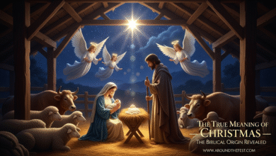 A peaceful nativity scene depicting Mary, Joseph, and baby Jesus in a manger inside a humble stable, illuminated by a glowing star overhead with angels and animals surrounding them, symbolizing the biblical origin and true meaning of Christmas.
