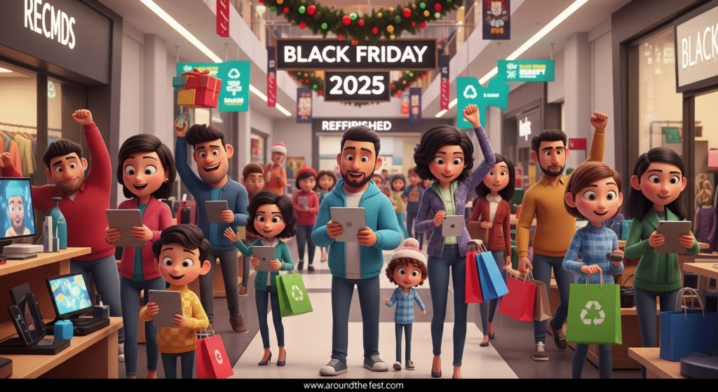 Diverse shoppers with visible faces enjoying Black Friday 2025 deals in a festive mall, mixing in-store and online shopping, featuring sustainable products and joyful expressions.