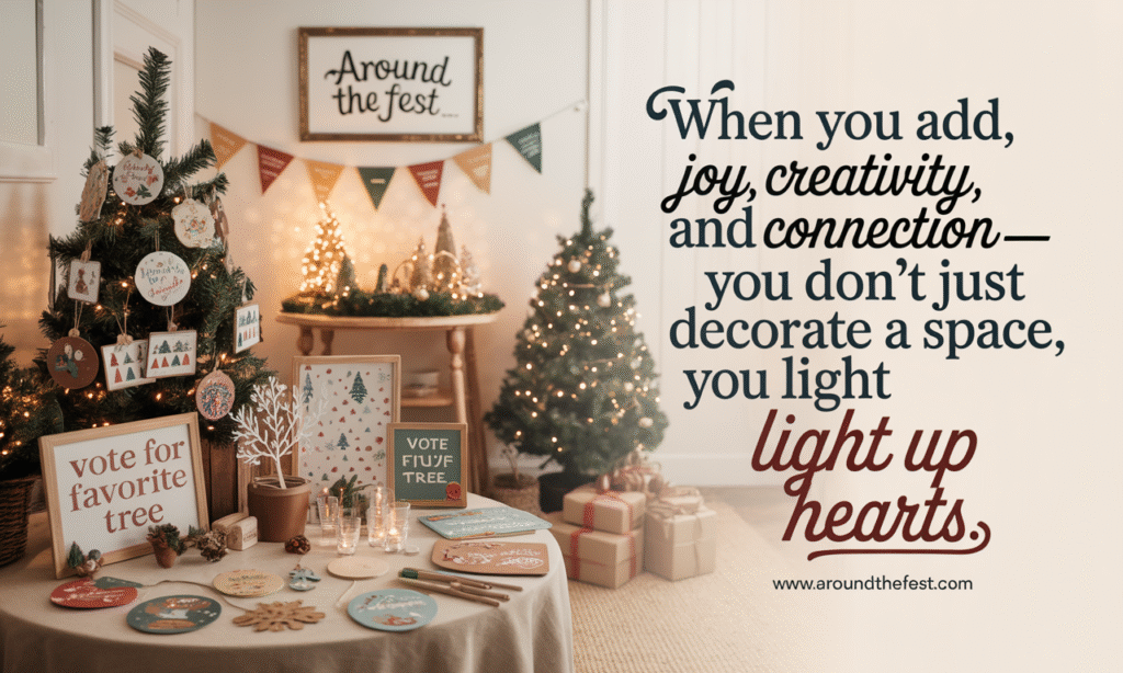 Interactive holiday event stations including a DIY ornament table, craft corner for kids, a “Vote for Your Favorite Tree” ballot box, and a festive North Pole mailbox for letters to Santa.