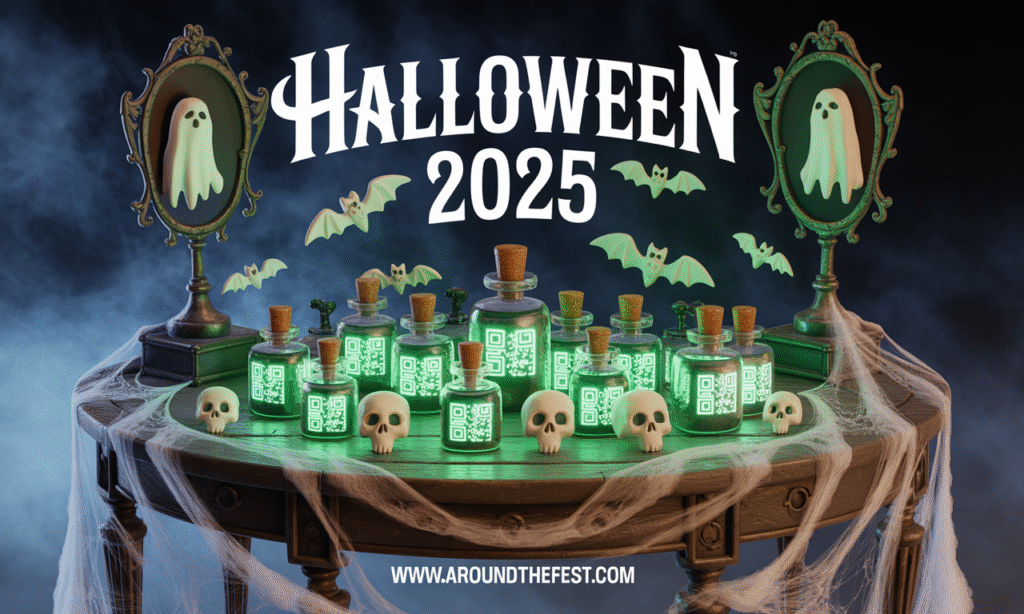 Halloween display with motion-triggered sound boxes, ghost-reflecting mirrors, glowing QR-code potion bottles, and glow-in-the-dark 3D miniatures arranged for an interactive, immersive experience.