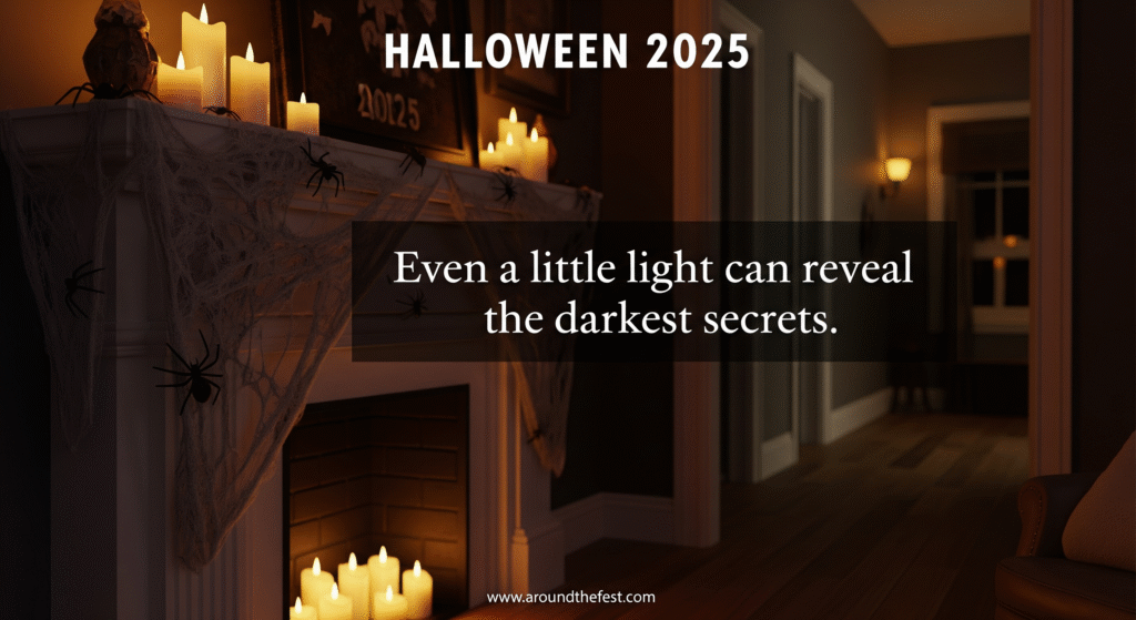 “Halloween 2025 mantel decorated with LED candles, cobwebs, and small spiders for a spooky hallway setup.”