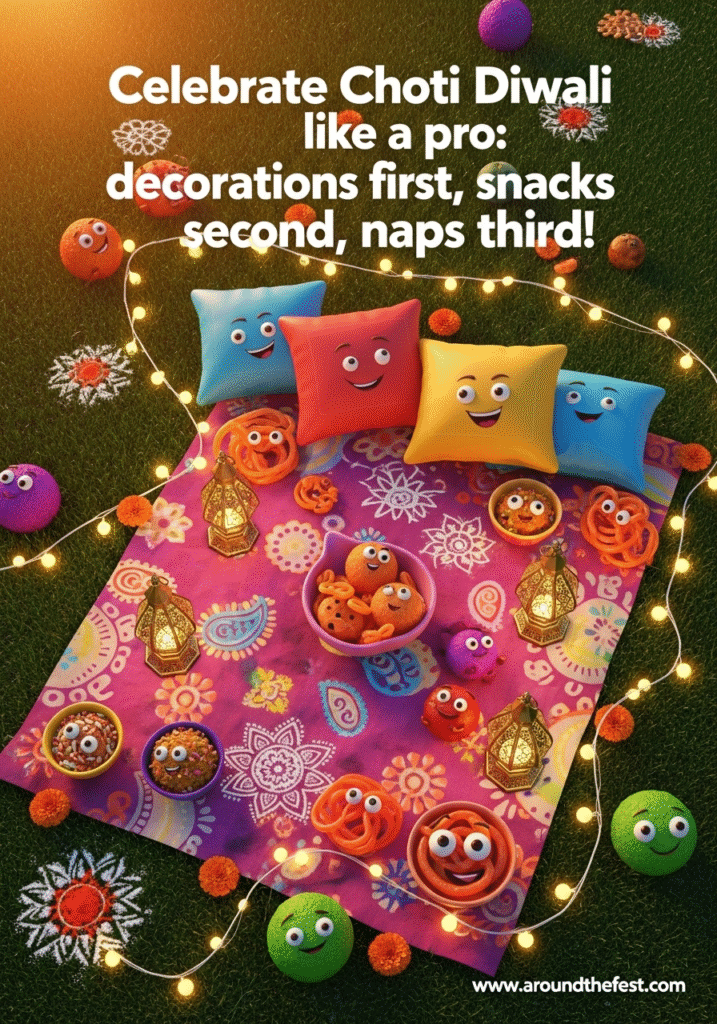 Overhead view of colorful festive snacks, bright decorations, and a cozy blanket, overlay text: “Decorations first, snacks second, naps third!”