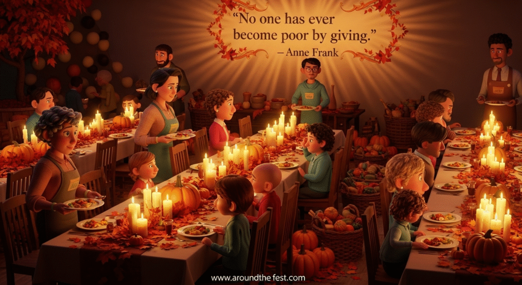 Acts of gratitude and volunteering on Thanksgiving Day 2025 USA history traditions with food banks, community meals, and charity drives.”