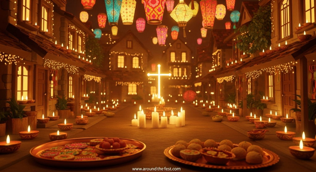 Christian communities in India celebrating Diwali with diyas, lanterns, candles, and festive decorations symbolizing light, hope, and compassion.”