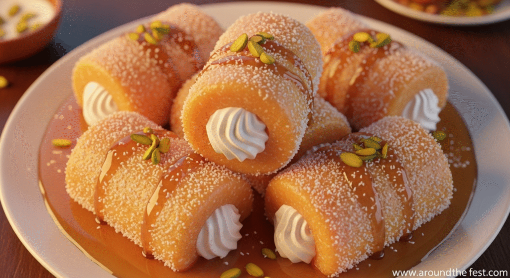 Soft Cham Cham, traditional Bengali sweet made from fresh chenna, simmered in fragrant sugar syrup, some stuffed with whipped cream and rolled in coconut, garnished with pistachios, styled for festive Indian dessert photography.”