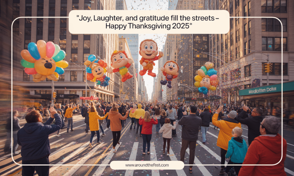 "Dynamic, realistic depiction of the 2025 Macy’s Thanksgiving Day Parade with giant balloons, performers, confetti, and cheering families in New York City."