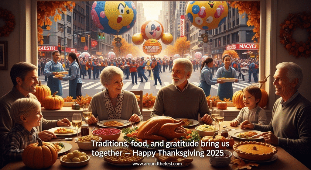 Dynamic, photorealistic Thanksgiving 2025 scene showing a family feast, Macy’s Parade in New York City, NFL football, and community volunteering, capturing all classic holiday traditions."