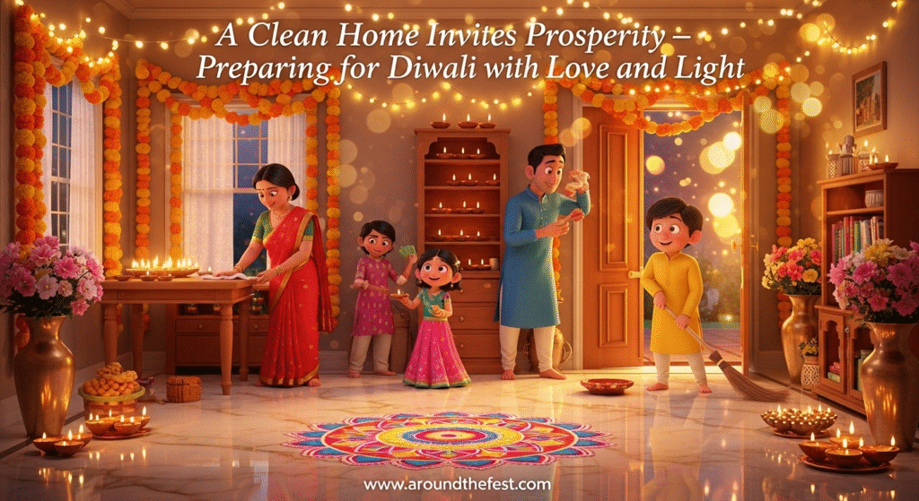 Ultra-realistic illustration of an Indian home cleaned and decorated for Diwali with diyas, rangoli, marigold garlands, fresh flowers, and warm lighting, with overlay text about inviting prosperity."