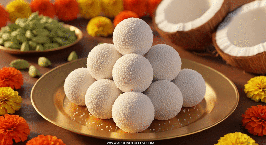 "Soft and chewy Coconut Ladoo made with fresh grated coconut, condensed milk, and cardamom, rolled in desiccated coconut and served on a brass plate with marigold flowers for Indian festivals."