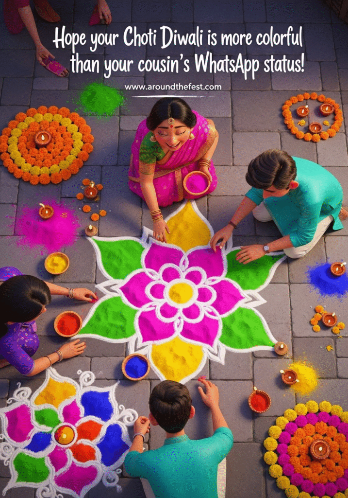 Bright rangoli being arranged by friends, overlay text: “More colorful than your cousin’s WhatsApp status!”