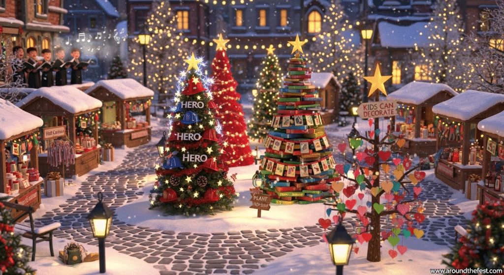 “An illustrated winter village filled with themed Christmas trees, festive stalls, children decorating, and community joy—capturing the whimsical magic of a Festival of Trees celebration.” 