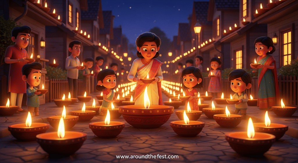 “Thousands of clay diyas lighting up a neighborhood, with flames passed from one to another, symbolizing shared hope, renewal, and community connection during Diwali.”