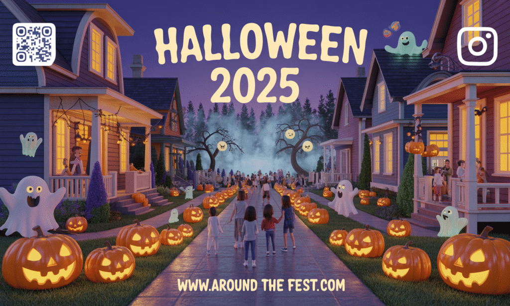 Community and curb appeal featuring synchronized neighbor street displays, glowing pumpkin alleys, haunted trails with fog, projection mapping on houses, and Instagram-worthy photo corners.”