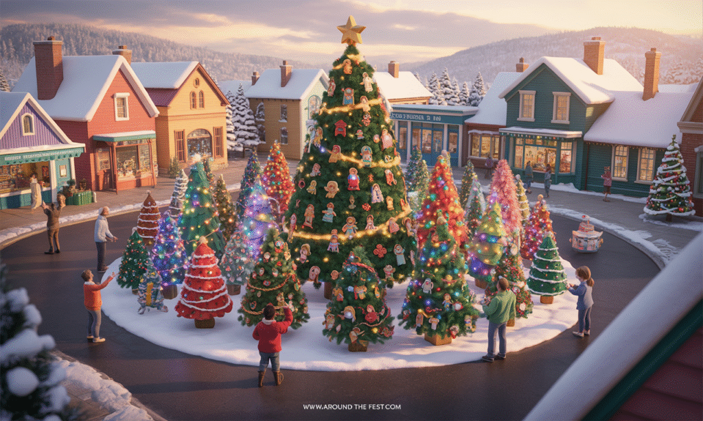 A warmly lit indoor holiday event featuring glowing, themed Christmas trees with ornaments and twinkling lights. Visitors walk through the space, stopping to read charity signs and make donations at festive booths. Volunteer sign-up stations and interactive giving displays highlight the spirit of community support. The setting reflects unity, compassion, and the true meaning of the season—giving back together.