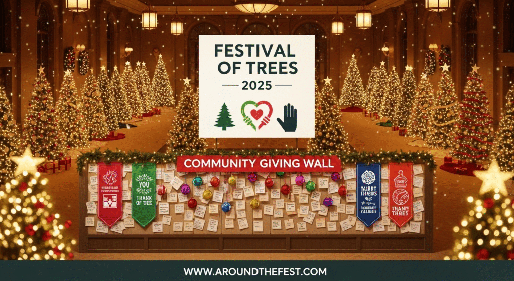 A heartwarming display of decorated Christmas trees at Festival of Trees 2025 with community signs, charity banners, and a glowing message of hope and holiday unity.