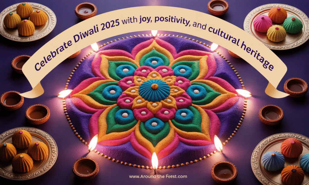 Warm and festive Diwali scene with glowing diyas, colorful rangoli, traditional sweets, marigolds, and LED lights, with a text overlay celebrating joy, positivity, and cultural heritage."