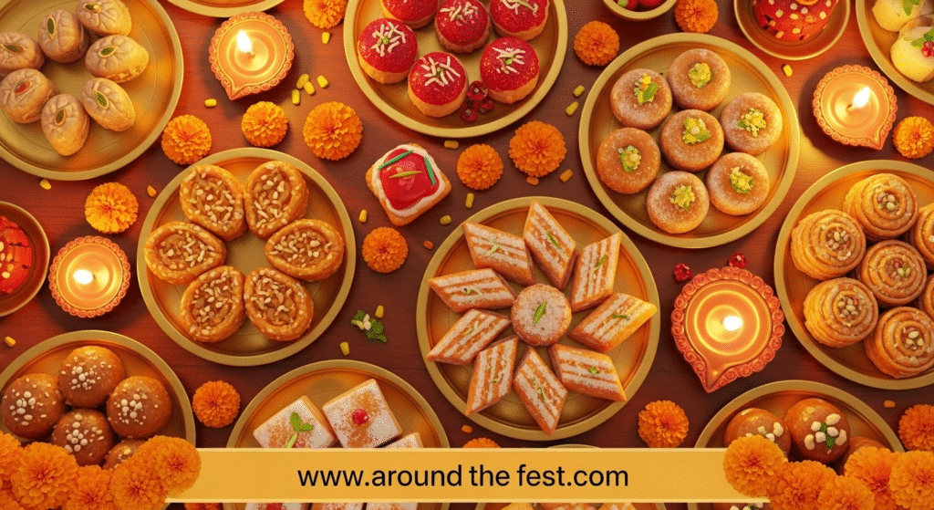 Assortment of traditional Indian sweets on a festive table, glowing under warm golden light with diyas and marigold decorations, highlighting rich textures, delicate layers, and sugar glazes, conveying heritage, celebration, and joy.”