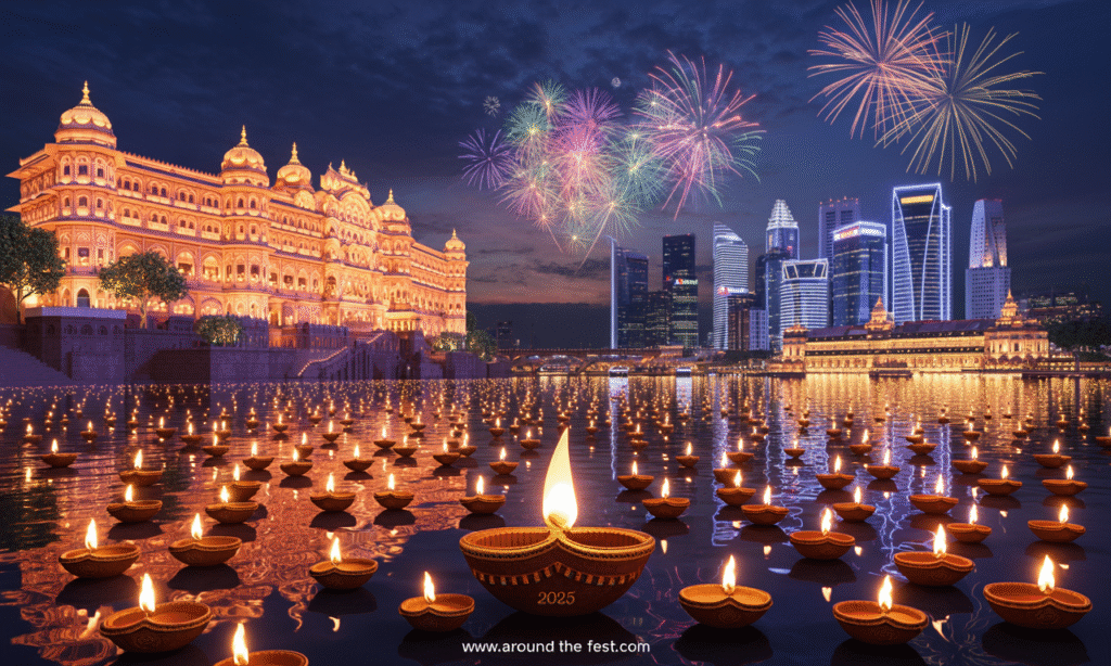 "Global Diwali 2025 celebrations with Varanasi ghats glowing with diyas, Jaipur palaces illuminated, Singapore skyline lit with fireworks, and London’s Trafalgar Square shining with lanterns – a vibrant Festival of Lights scene."