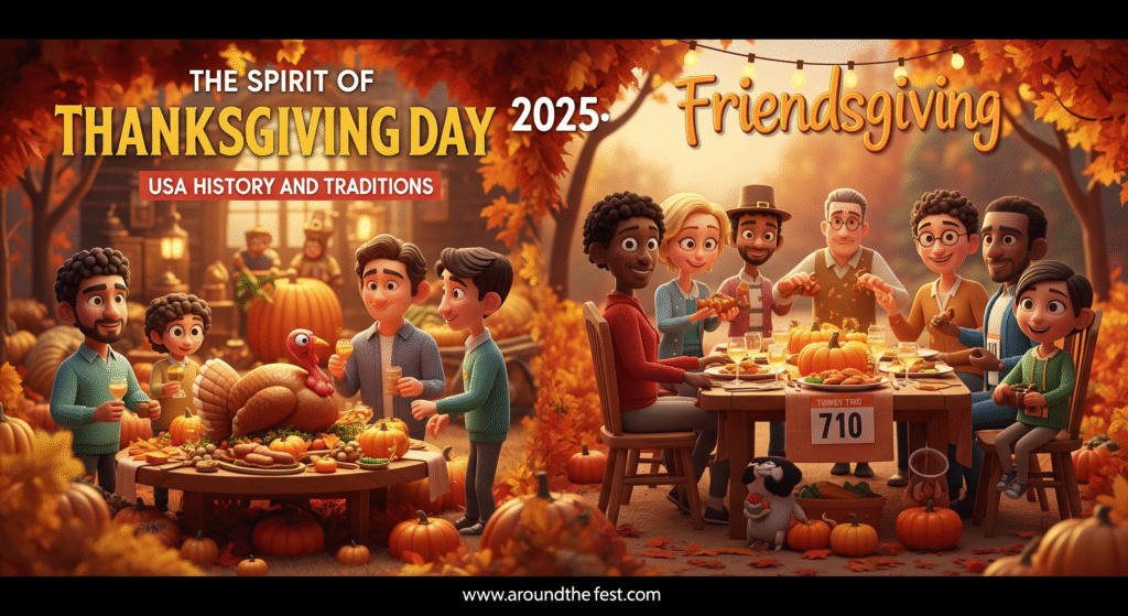“Illustration showing historical Pilgrim harvest, traditional turkey dinner, modern Friendsgiving, eco-friendly and multicultural dishes, Turkey Trots, and community volunteering, with diverse families and friends celebrating gratitude and togetherness in warm autumn colors.”