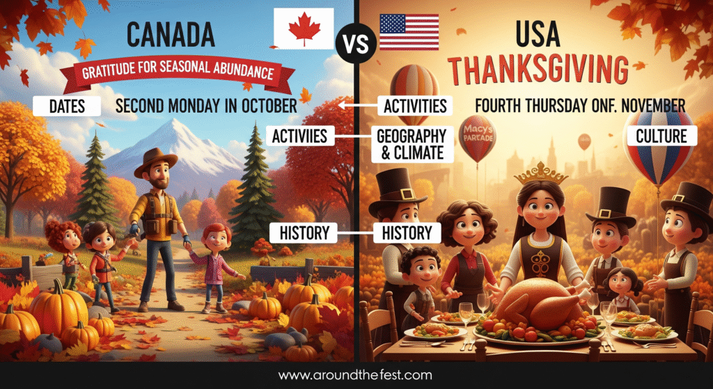  Canada: second Monday in October, earlier northern harvest, outdoor gatherings, nature trips, provincial festivals, cozy family meals, pumpkins, maple leaves, gratitude for seasonal abundance. USA: fourth Thursday in November, Pilgrim harvest traditions, large family feasts, Macy’s Parade, football, Black Friday shopping, roast turkey. Highlights geography, historical traditions, and cultural differences. Warm autumn tones, educational and festive."