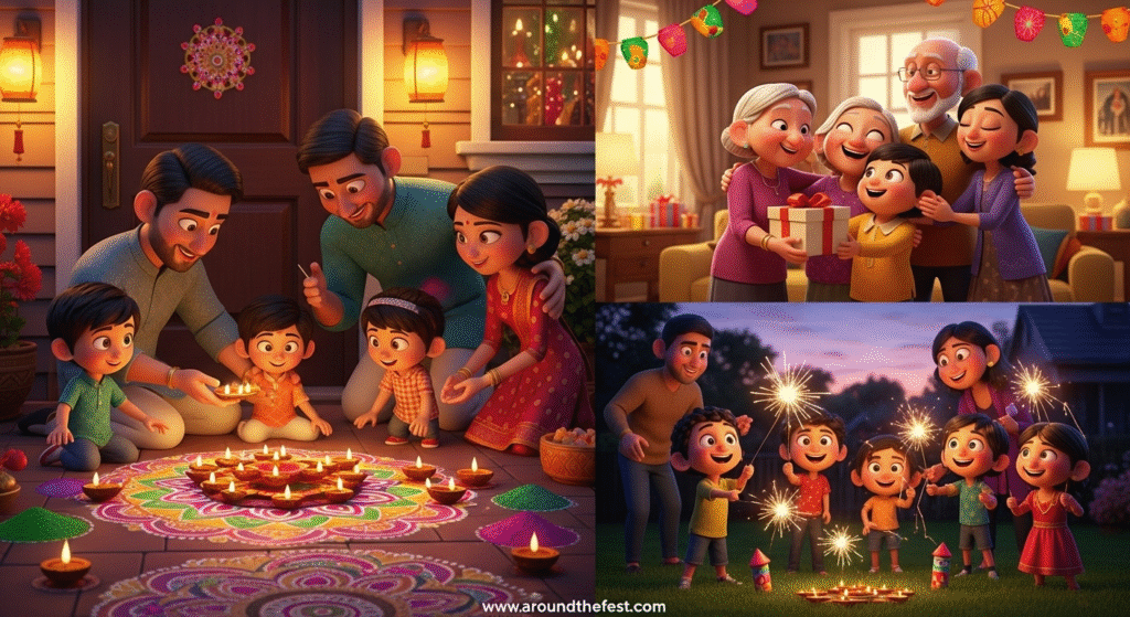 "Ultra-realistic illustration of Diwali day-by-day celebrations: Dhanteras, Choti Diwali, Lakshmi Puja, Govardhan Puja, and Bhai Dooj, with diyas, rangoli, marigold garlands, lanterns, and fireworks."