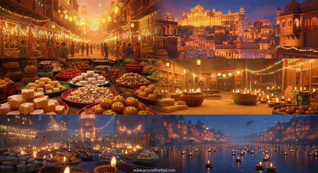 "Ultra-realistic illustration of North India during Diwali, showing Delhi markets with fairy lights and sweets, Jaipur’s bazaars and fort glowing, and Varanasi ghats illuminated with thousands of floating diyas."