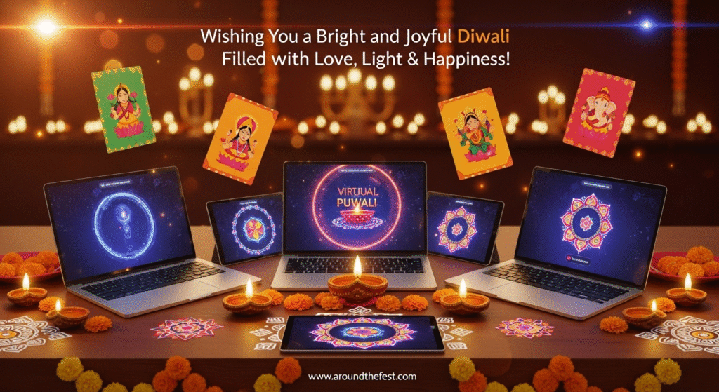 Ultra-realistic illustration of digital Diwali celebrations with virtual pujas on laptops and tablets, floating e-cards, interactive rangoli, diyas, marigold garlands, and festive text overlay saying 'Wishing You a Bright and Joyful Diwali Filled with Love, Light & Happiness!'."