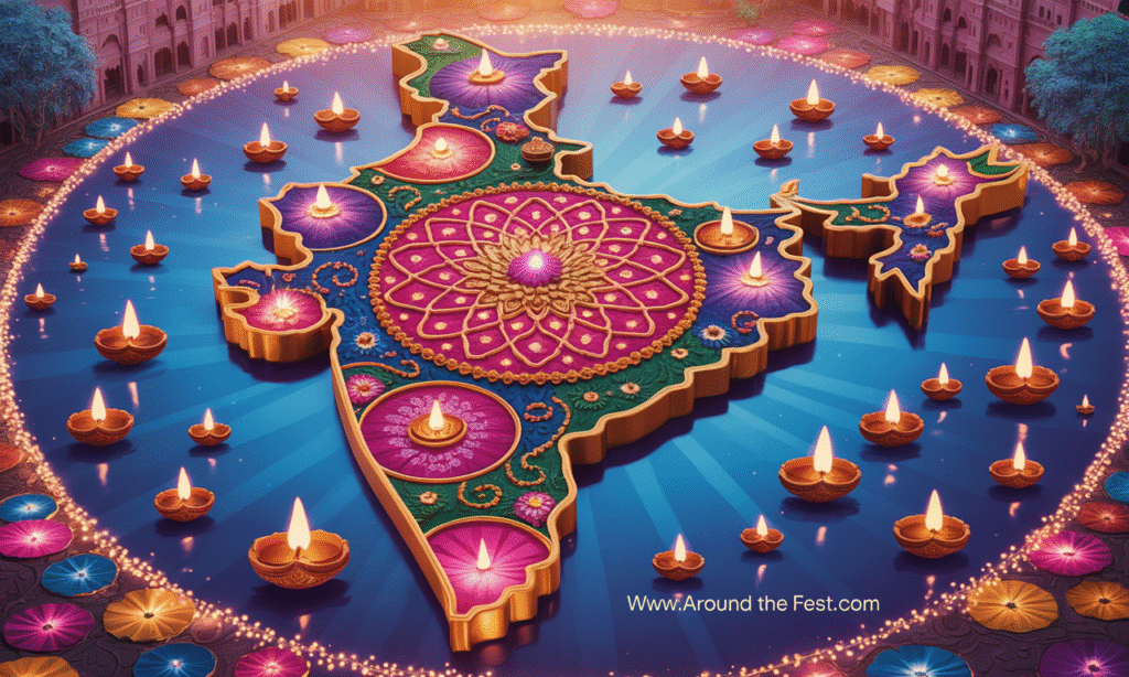 llustrated map of India decorated with Diwali lights, rangoli, fireworks, and diyas representing Jaipur, Udaipur, Varanasi, Mumbai, Delhi, Pondicherry, and Kumarakom