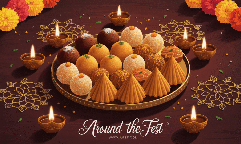 Ultra-realistic illustration of popular sweets including ladoos, chocolate and pumpkin-spiced variations, kaju katli, and golden jalebis, decorated with diyas, marigolds, and subtle rangoli for festive 2025 celebrations."