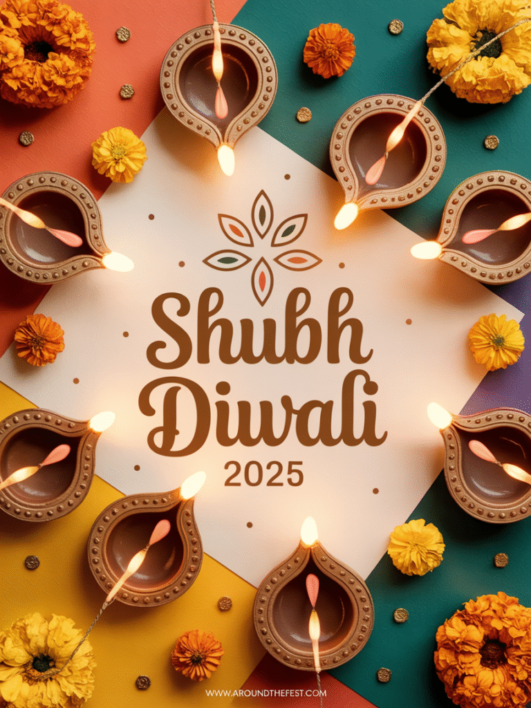  greeting card with colorful cardstock, glowing diyas, marigold flowers, and gold glitter accents, cozy warm lighting, artistic and festive flat lay, perfect for DIY festive greetings.” 