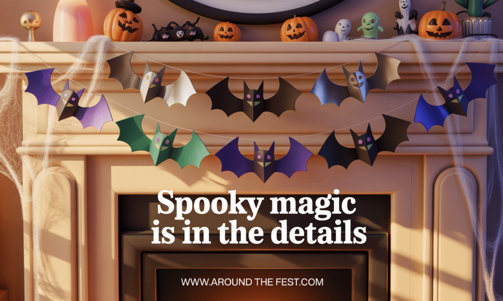 "DIY paper bat garlands for Halloween 2025 in black, metallic, and glow-in-the-dark cardstock, hanging across hallways and mantels with ambient spooky lighting. Quote: ‘Spooky magic is in the details.’"