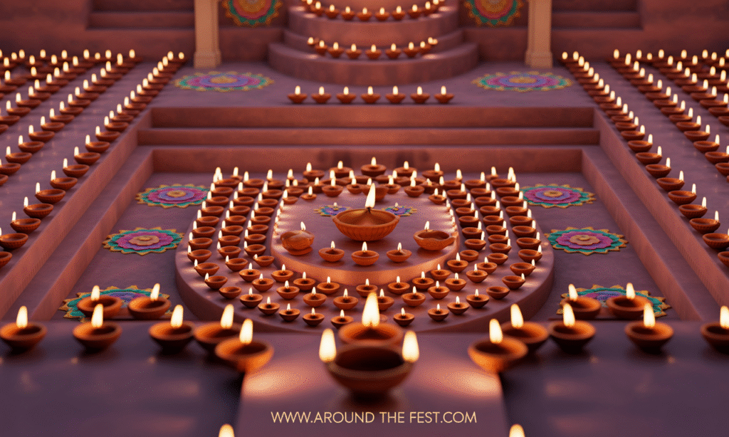 Bright Diwali diyas glowing in golden light, symbolizing the spiritual meaning of Diwali with the victory of light over darkness and hope over despair.”