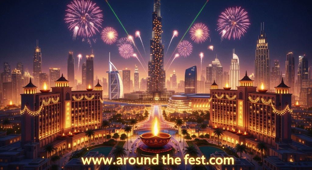 Burj Khalifa and city skyline lit with Diwali lights, fireworks, laser shows, glowing diyas, and luxurious festive decorations, no humans present."