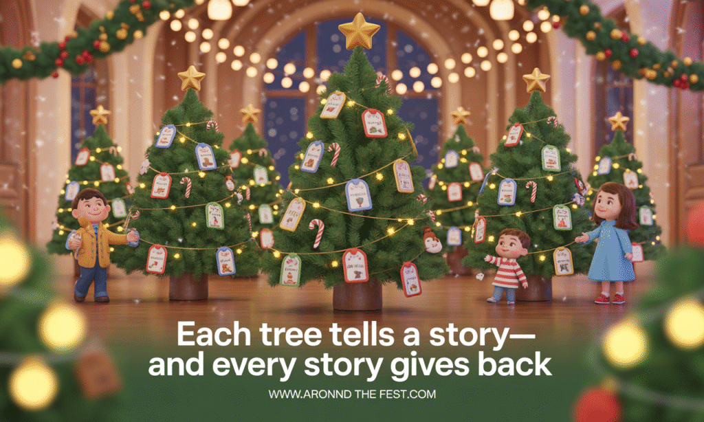 Holiday display of themed Christmas trees each tree decorated to support a cause, with a quote: “Each tree tells a story—and every story gives back.”