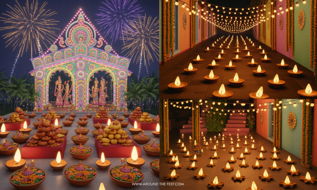 "Ultra-realistic illustration of East India during Diwali: West Bengal Kali Puja pandals with fireworks and sweets, Odisha village pathways with clay lamps, and Assam homes with paper lanterns, highlighting artistic elegance and festive fervor."