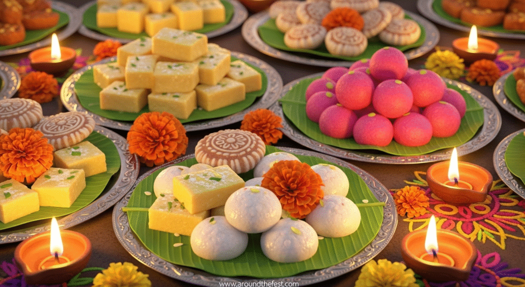 "Ultra-realistic illustration of East Indian specialties including sandesh, rasgulla, chomchom, and pitha, decorated with diyas, marigolds, and rangoli patterns for festive celebrations."