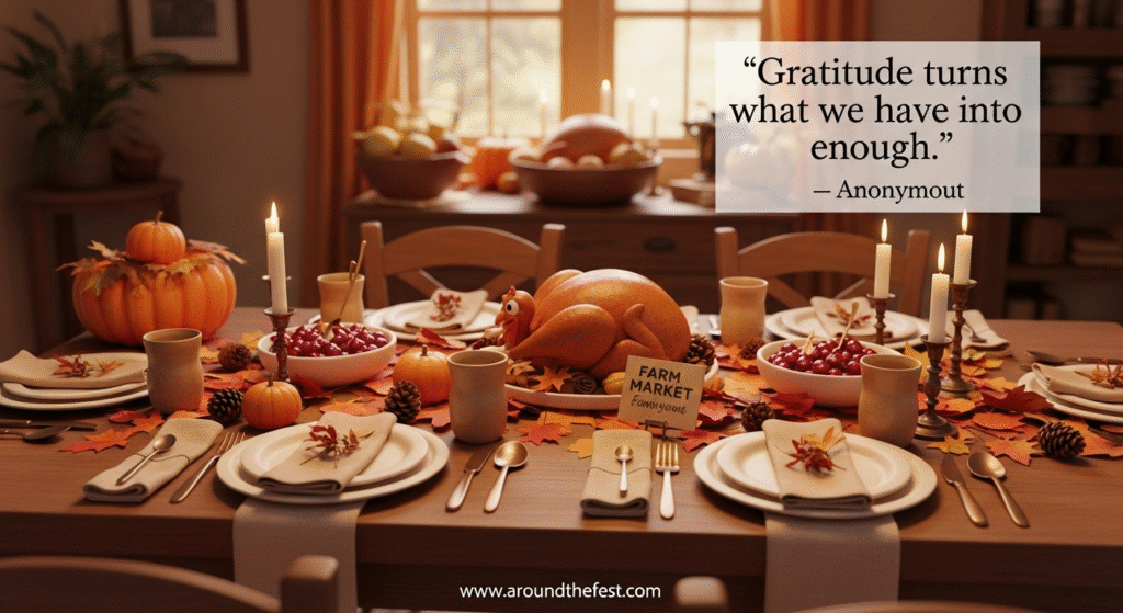 “Eco-friendly Thanksgiving 2025 table with farm-raised turkey or plant-based mains, local cranberry sauce, seasonal vegetables, repurposed leftovers, reusable and compostable tableware, natural decorations like leaves and pinecones, highlighting sustainability, zero-waste practices, Indigenous harvest traditions, and gratitude.”